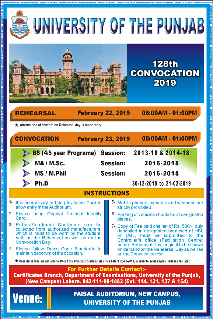 128th Convocation Will Be Held On 23rd February Saturday 2019 University Of The Punjab Announcements