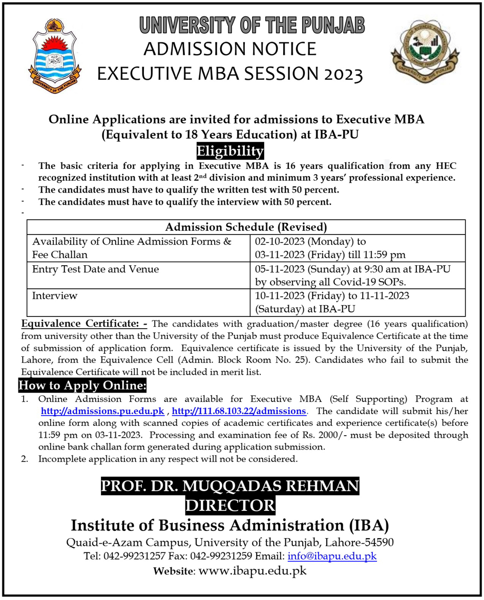 University of the PunjabAdmission Notices