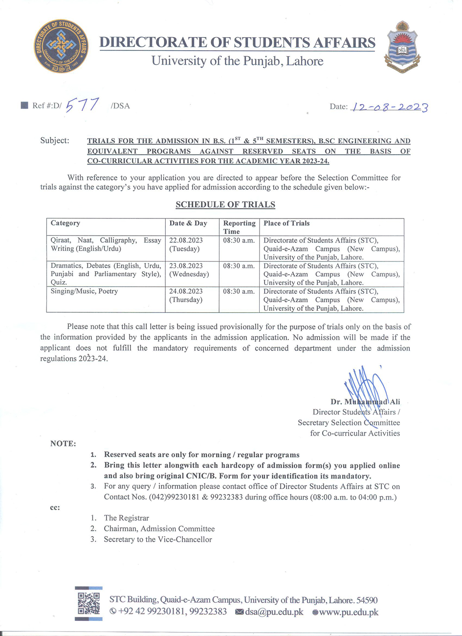 University Of The Punjab-Admission Notices