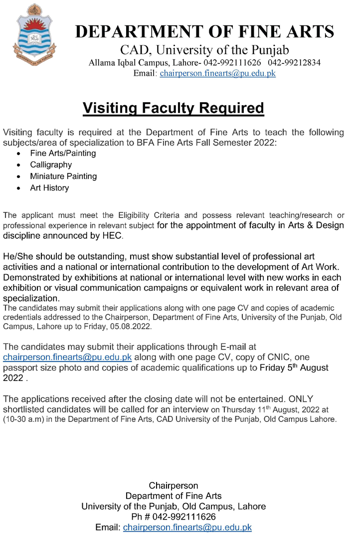 University of the Punjab Careers Visiting Faculty Required
