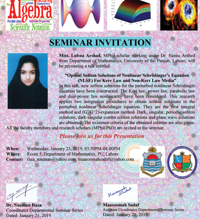 Seminar Invitation Optical Soliton Solutions Of Nonlinear Schr Dinger