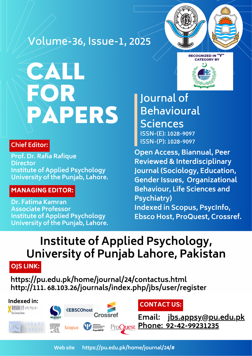 PU-Journal of Behavioural Sciences - Call for Paper:PU