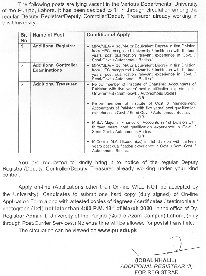 University of the Punjab - Careers - Additional Registrar / Additional ...